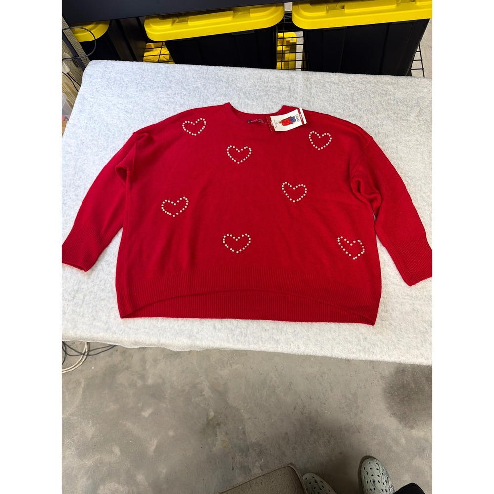 Vince Camuto Red Pearl Heart Sweater Womens XL‎ Crewneck Long Sleeve 7726200 NEW